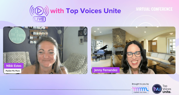 Jenny Fernandez speaking with Nikki Estes on Voices of the Week virtual stage discussing leadership branding, trust-building, and authentic executive presence