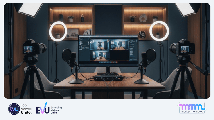 rofessional video podcast recording studio setup with camera equipment, lighting, and monitor displaying multi-view recording interface for creating executive presence content