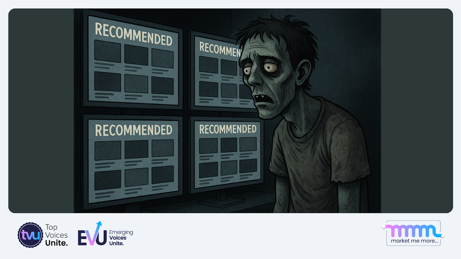 Human staring at multiple algorithmic recommendation screens with zombie-like expressions