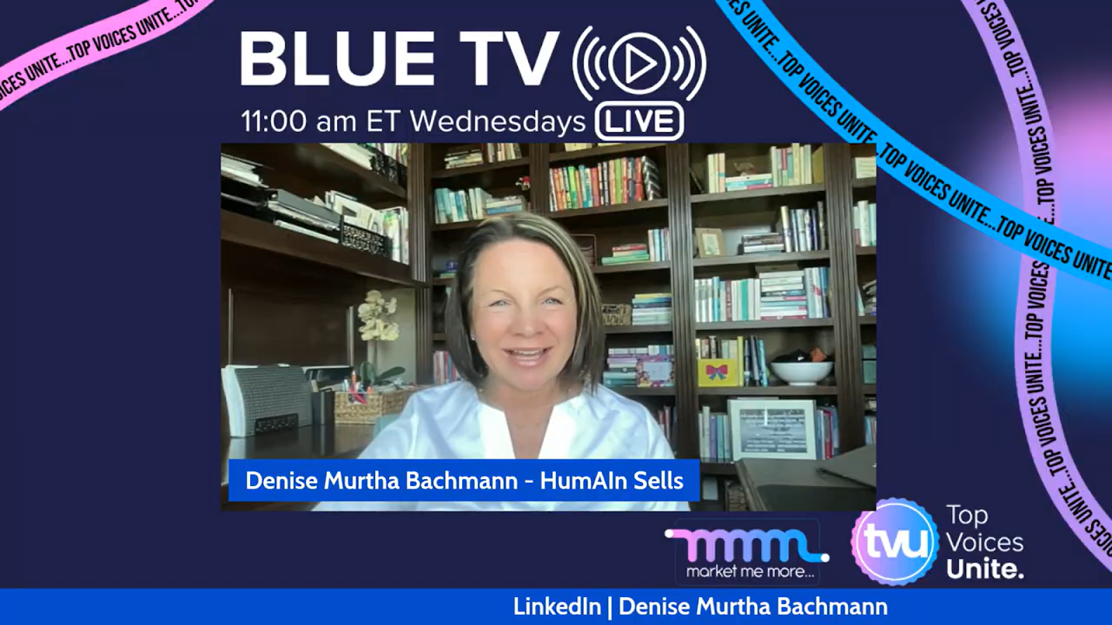 Denise Murtha Bachmann in Blue TV livestream discussing how to Comment on Your Own Post