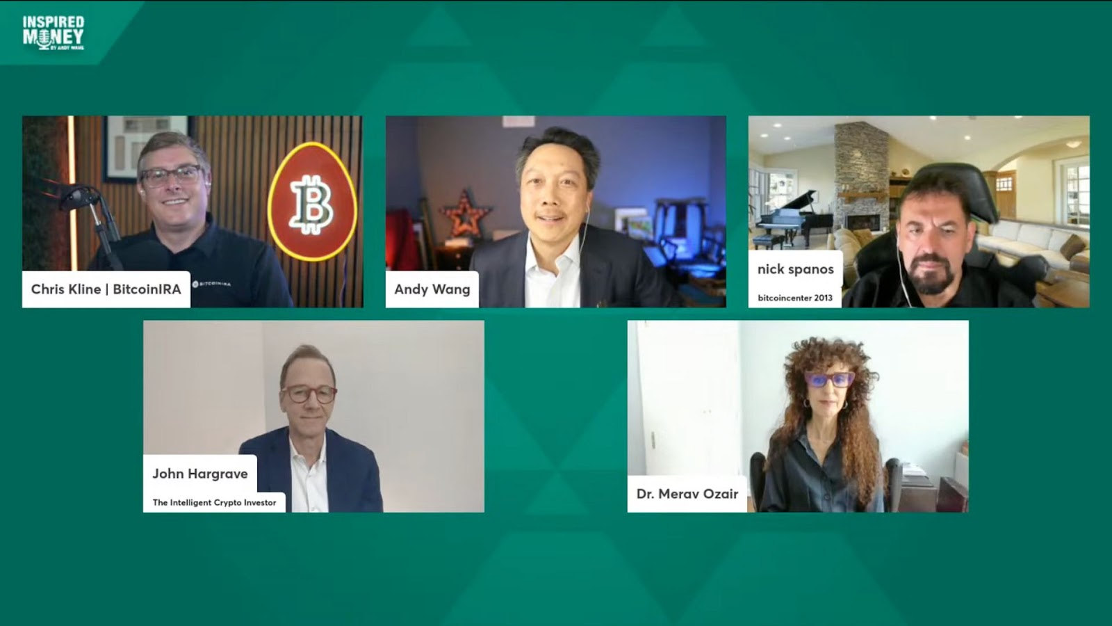 Crypto and blockchain experts panel with Chris Kline, Andy Wang, Nick Spanos, John Hargrave, and Dr. Merav Ozair on Inspired Money show