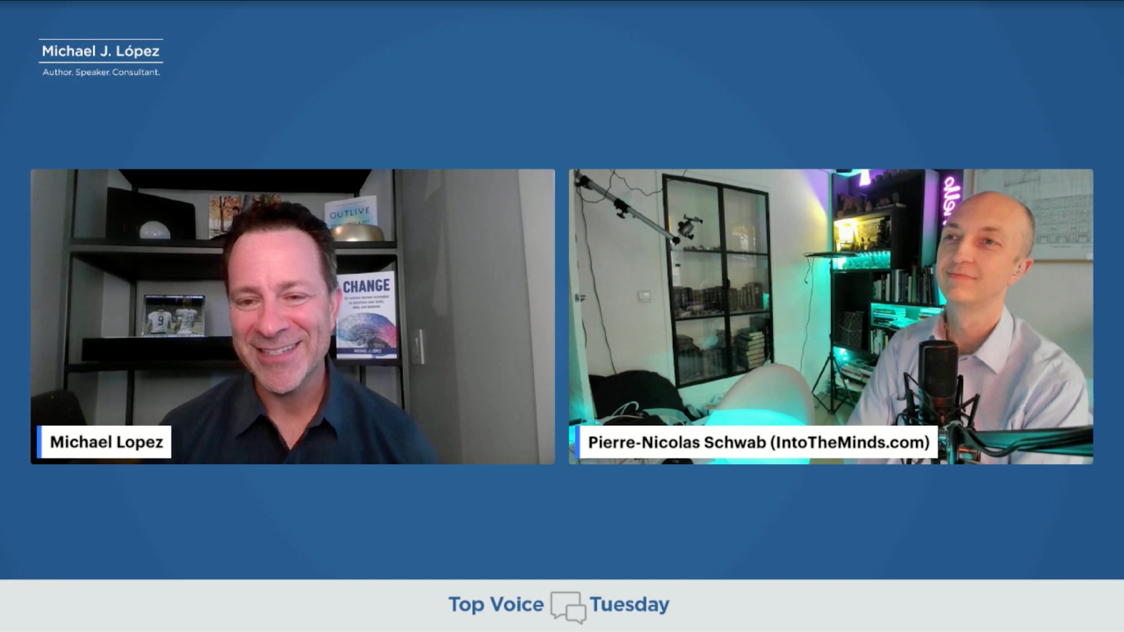 Michael Lopez and Pierre-Nicolas Schwab discuss LinkedIn algorithm insights on Top Voice Tuesday livestream