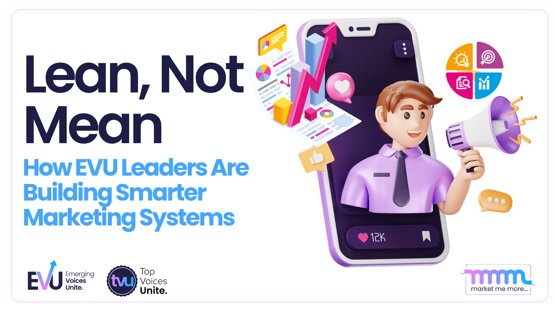 Lean Not Mean blog cover image showing a 3D marketer with a megaphone, mobile analytics, and engagement icons representing smarter marketing systems by EVU