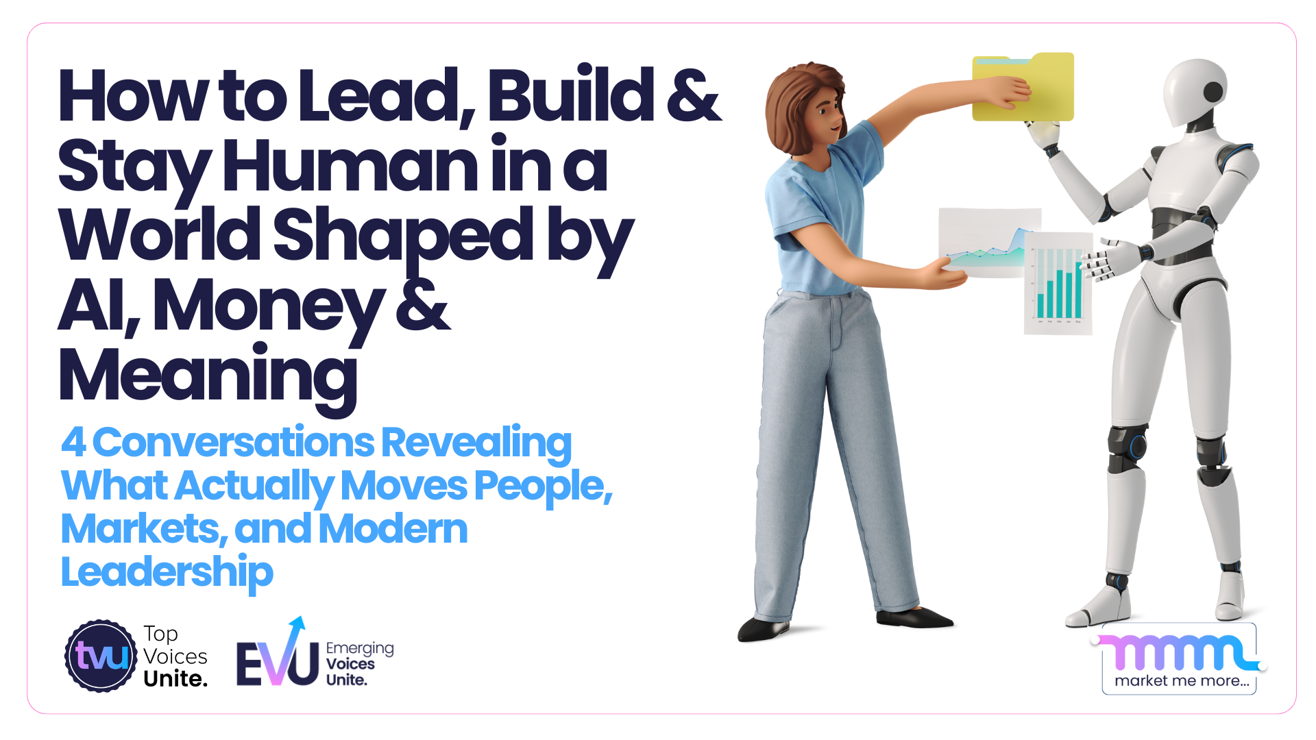 Human and AI collaboration illustration showing leadership, data, money, and ethical decision-making in a modern business environment.