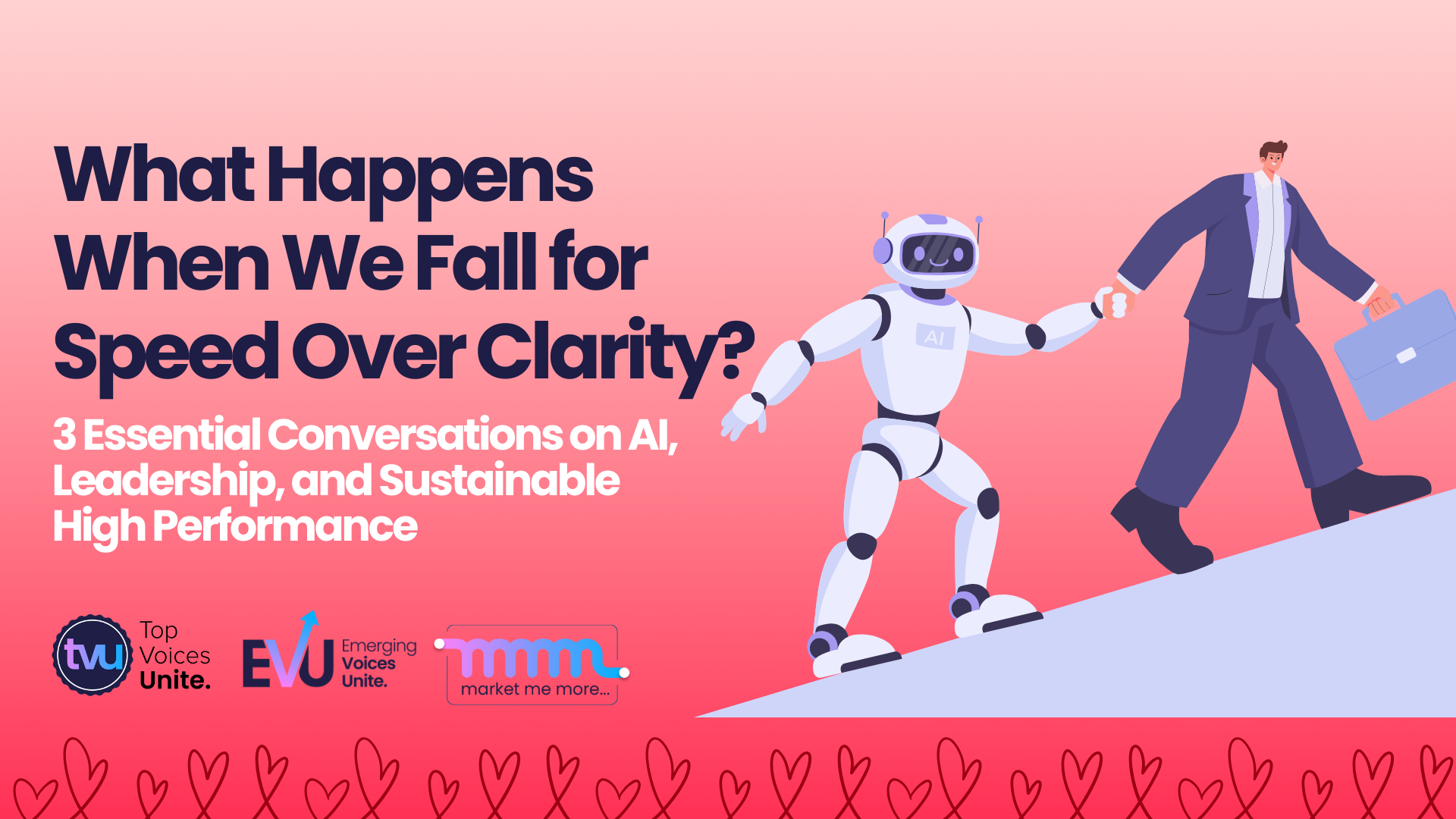 AI leadership clarity illustration with business professional and robot climbing toward sustainable high performance