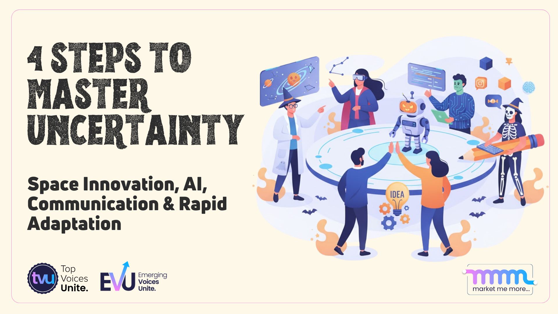 Innovators, space scientists, and thought leaders collaborating on future technologies at a community, blending astronomy research, AI development, content strategy, and team culture in the modern innovation economy—with a hint of Halloween spirit celebrating breakthrough thinking